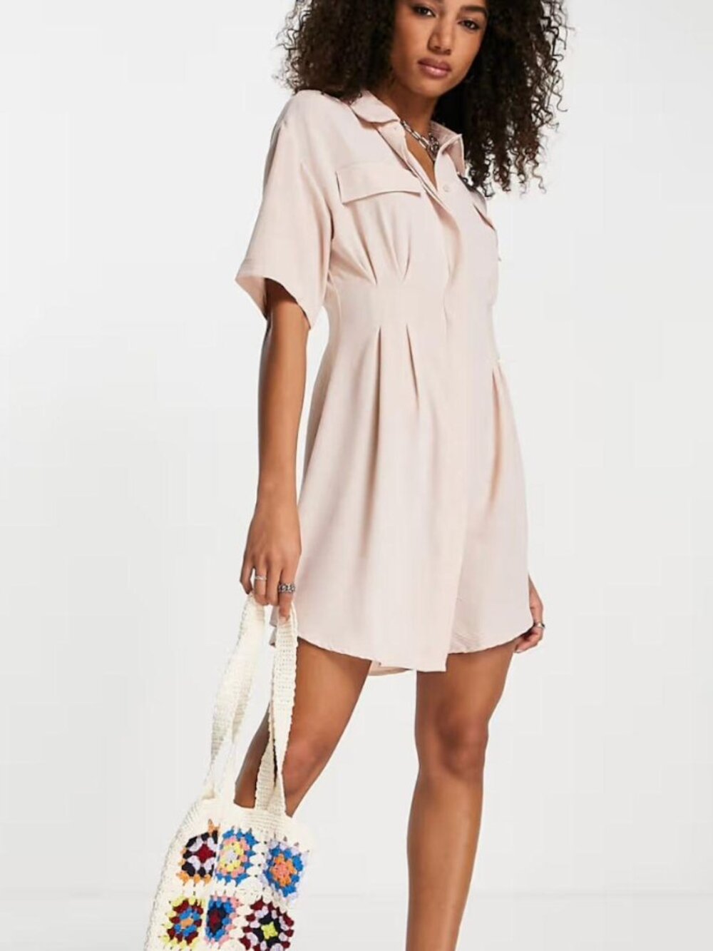 Only cinched waist shirt dress in beige